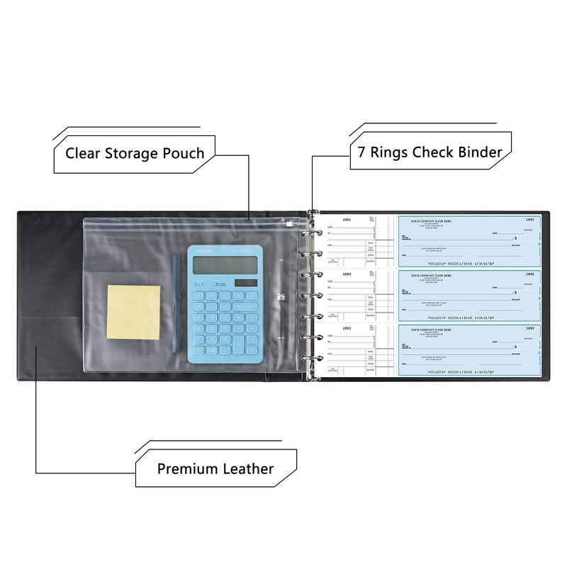 Pacific Mailer 7 Ring Business Check Book Binder, 600 Checks Capacity for 9" x 13" Sheets, PU Leather Checkbook Holder with Zip Pouch [Dark Blue] - Image 4